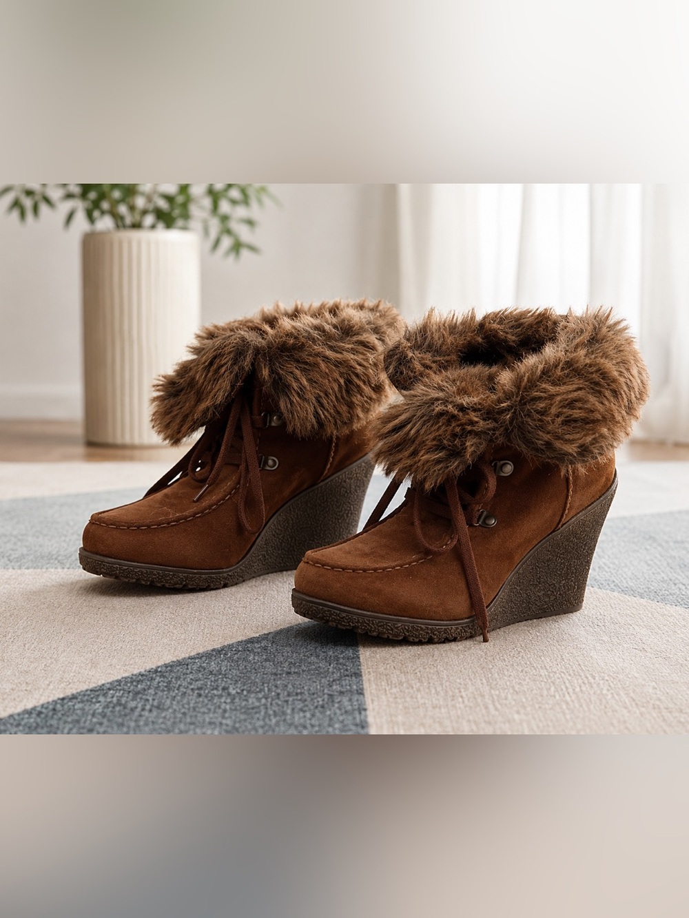 Brown Faux Fur Lined Wedge Boots